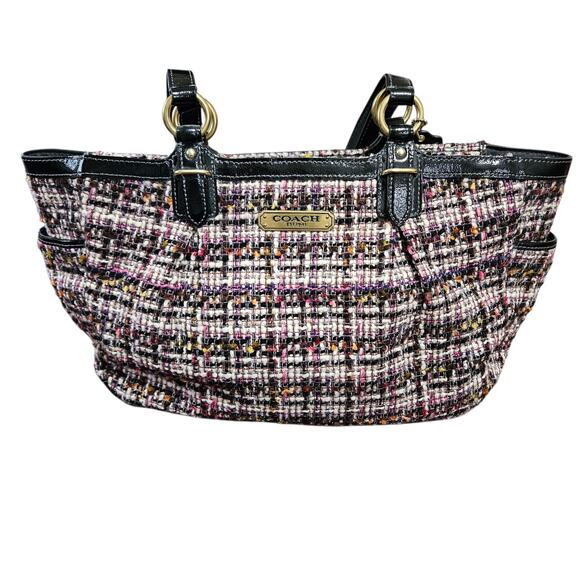 Vintage Coach Gallrey Tweed Handbag Double Straps Gold and Black Accents Great! - Picture 1 of 14